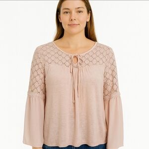 New Directions Pink Lace Bell Sleeve Peasant Blouse Sz XL